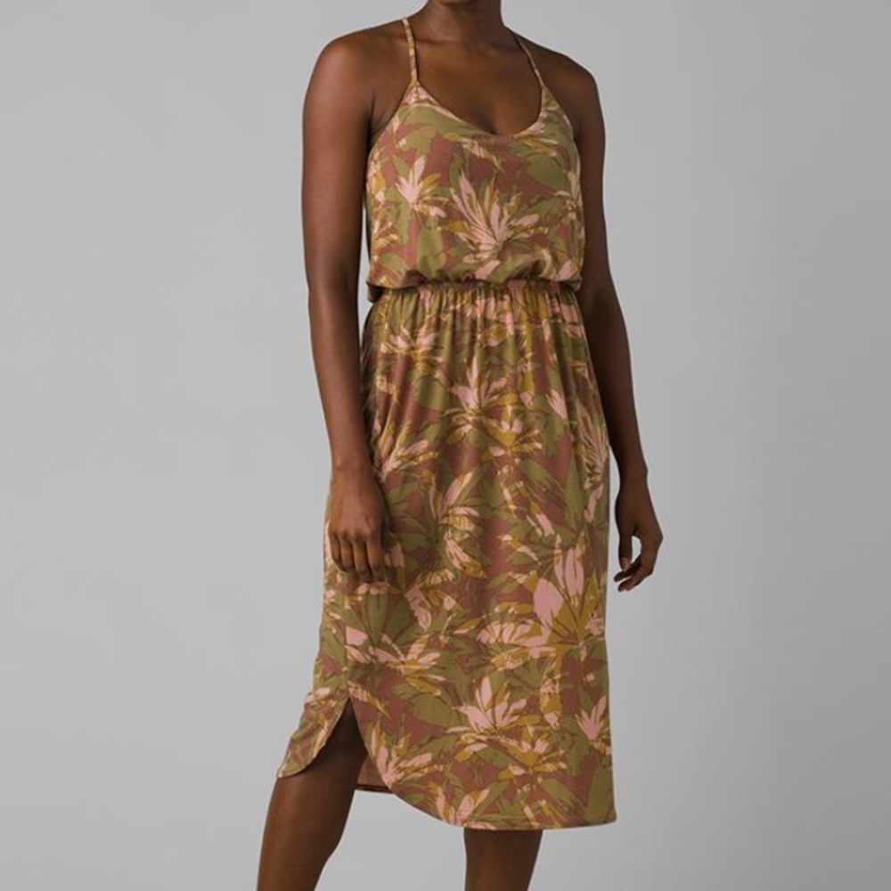 Prana Olive Green and Pink Floral Midi Dress